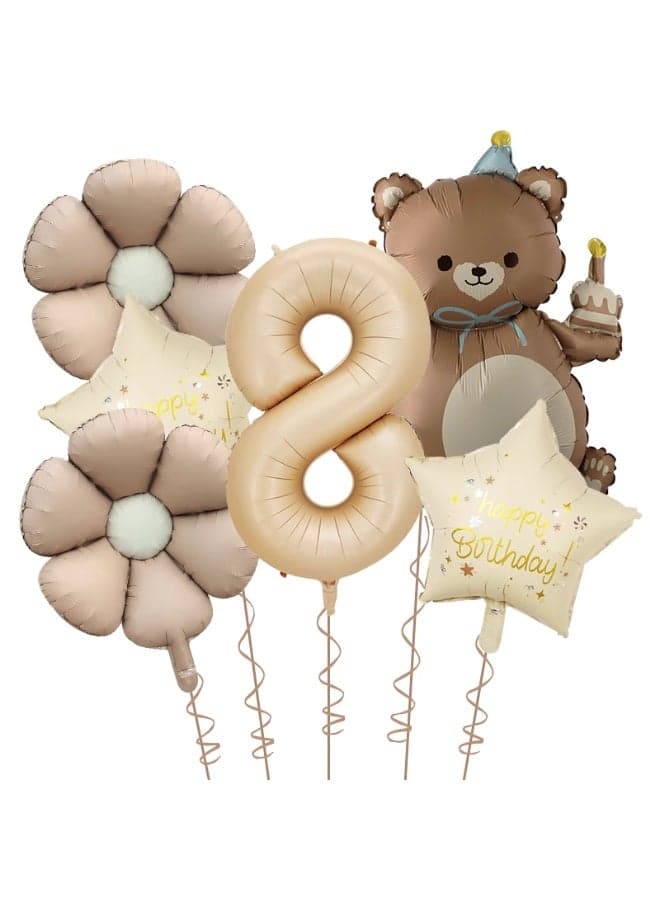 8st Birthday Decoration Supplies 40 Inch Matte Caramel Color Digital Bear Daisy Flower Aluminum Film Balloon Set