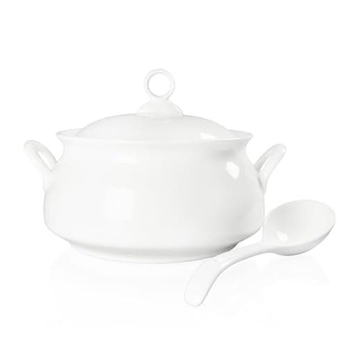 dingdaer Ceramic Serving Soup Tureen Bowls with Lid and soup spoon, 2.4 QT White French Serving Tureen, Lovely Soup Pot for Casserole dish Salad Pasta Noodles Stew, Microwave Dishwasher Safe