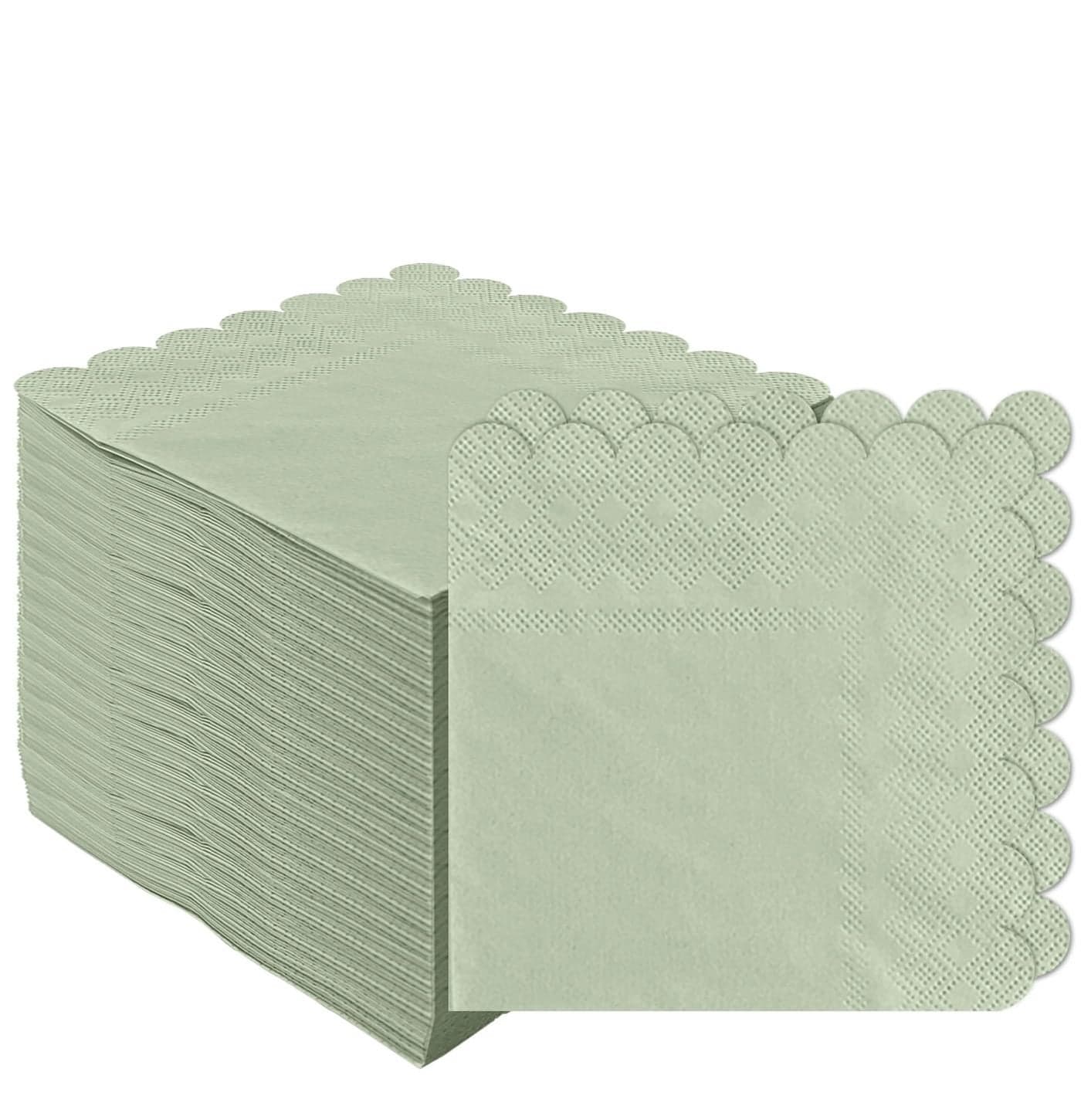 100 Pieces 2-Ply Sage Green Scalloped Napkins Folded 5 x 5 inch Disposable Cocktail Napkins Paper Napkins for Dinner Wedding Birthday Party Green Beverage Napkins