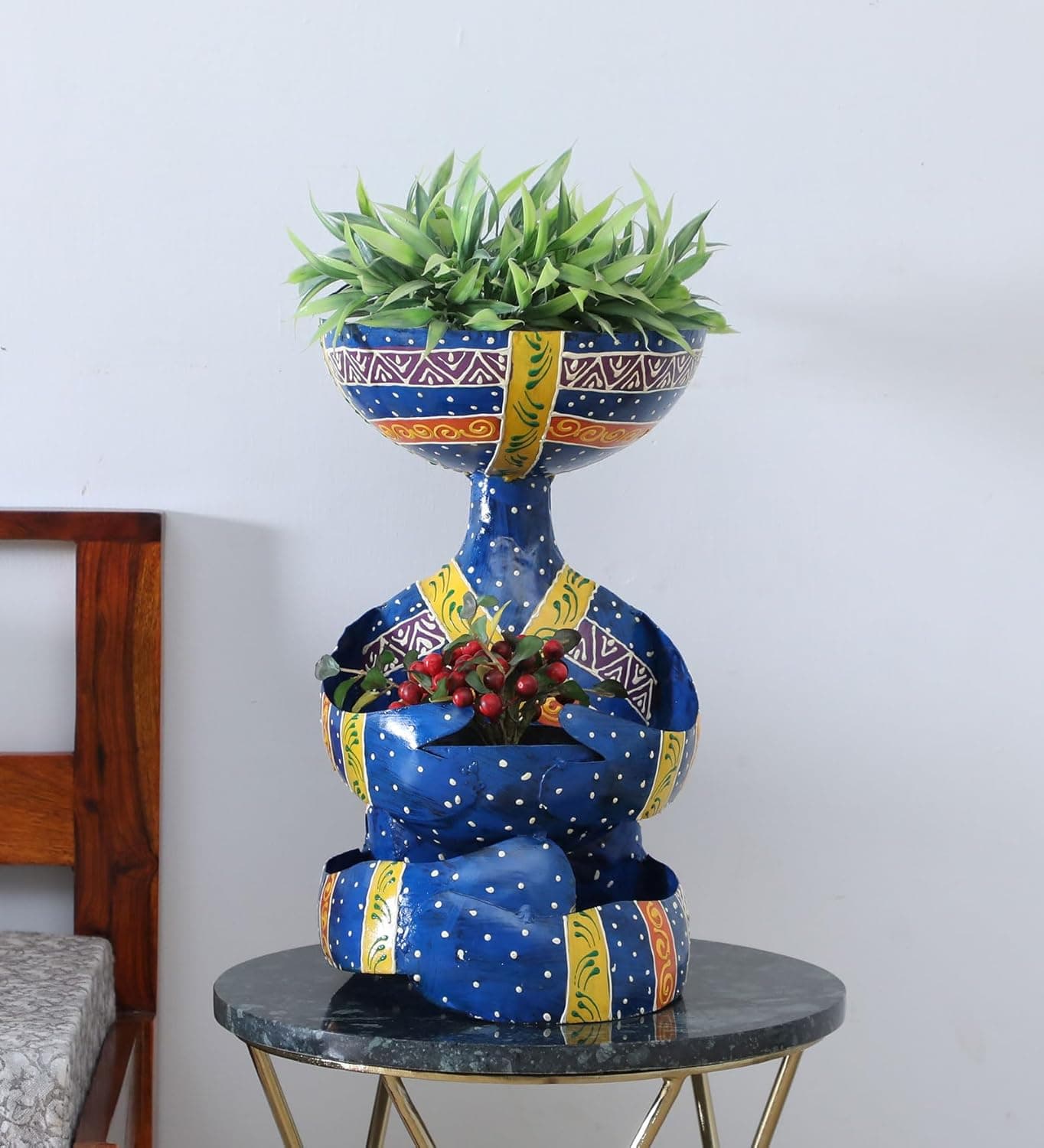 Ujjwal Wood Iron Desk Flower Pot for Home Decor Centre Table Decoration Pots Showpiece Vase Dinning Table Living Room Bedroom Wedding Birthday Office Desk Table Top Blue