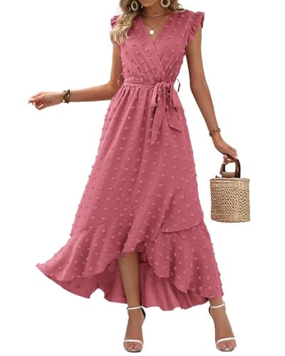 BTFBM Women V Neck Summer Dress 2025 Cap Sleeve Swiss Dot Boho Flowy Ruffle Slit Beach Party Long Maxi Cocktail Dresses(Pink, Large)