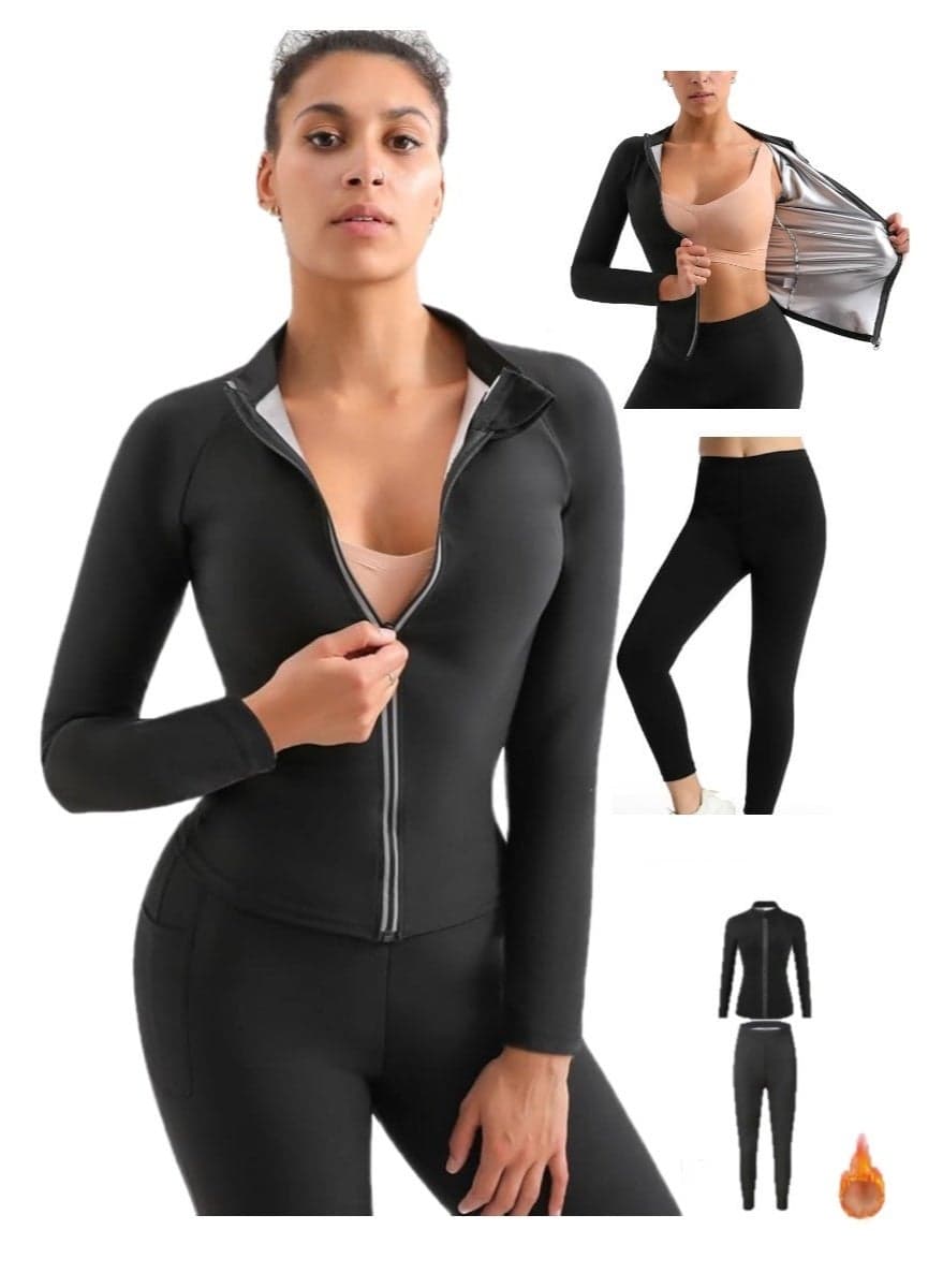 Women Sauna Suit 2-Piece Set with Jacket and Pants Weight Loss Gym Sweat Suits Workout Jacket Lock Sweating Profusely Pants Workout Fitness Compression Sweat Suits for Women