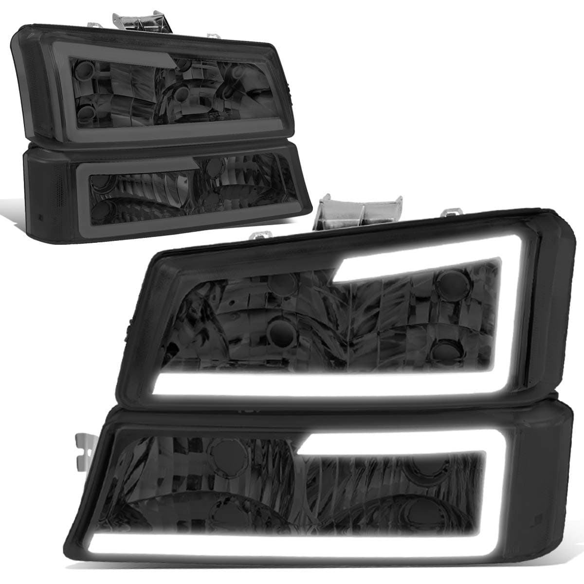 DNA MOTORING HLLBCSIL03SMCL1 Smoked Lens 3D LED DRL Headlight Bumper Lamp Set Compatible with 0306 Silverado 15003500 Avalanche 1500 2500