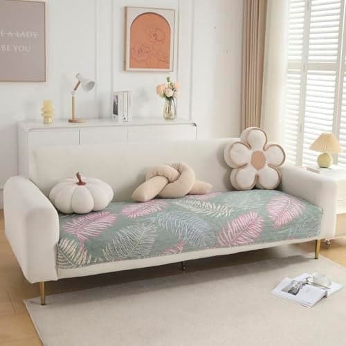 HOKIPO 'VivaCasa Series' Printed Quilted Sofa Cover Mats for 1/2/3 Seater Sofa and L Shape. Make Your Own Sofa Cover Set, Mat Length 90(D) X 60(L) Cm, Tropical Leaves Pastel Green (New-IN-788-D1)