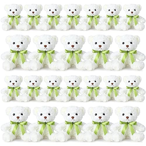Hungdao 24 Pcs Bear Bulk Plush Stuffed Animals 10 Inch Cute Soft Stuffed Bear with Green Bow for Valentines Day Wedding Baby Shower Birthday Party Gift ChristmasWhite