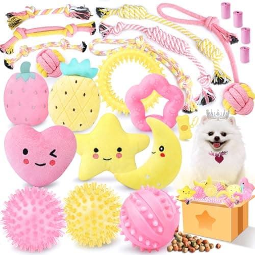 XIUGOAL Pink Puppy Toys for Teething 23 Pack Puppy Chew Toys for Boredom Interactive Dog Toys for Puppies Cute Small Dog Toys with Treat Ball Squeaky Dog Chew Toys and Ropes