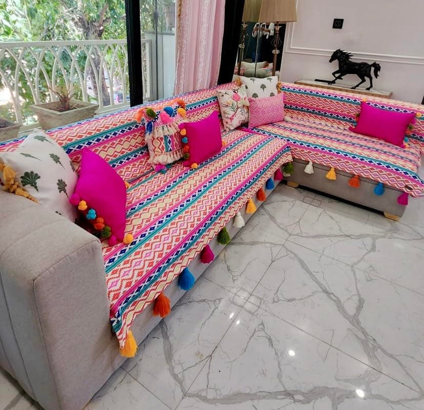WWW.THROWPILLOW.IN Rainbow Aztech Tassel L Shaped Sofa Cover:Thick Fabric, Seat & Front Back Protection -Set of 2 Seat Covers & Single Back Cover- L Shape Sectional (3 Seater + 2 Seater Lounger)