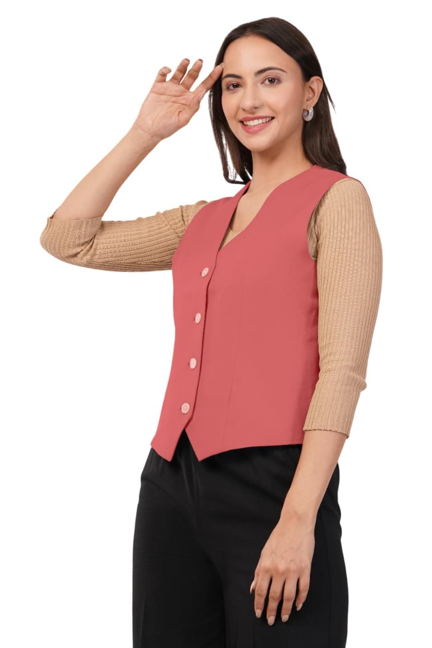 SaintX Women's Solid V-Neck Waistcoat, Full Back Design, Button Closure, Tailored Slim Fit, Elegant Outerwear for Casual & Formal Occasions
