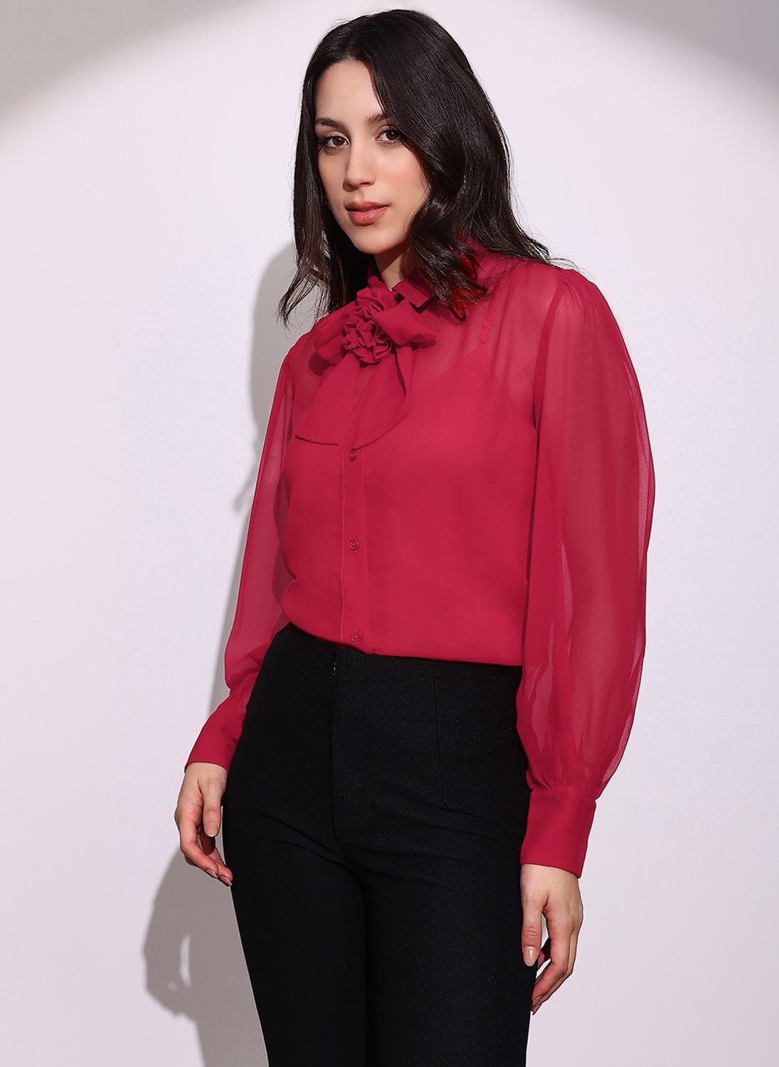 Globus Women Red Bow Detail Collared Neck Cuffed Sleeves Curved Hem Georgette Sheer Party Shirt