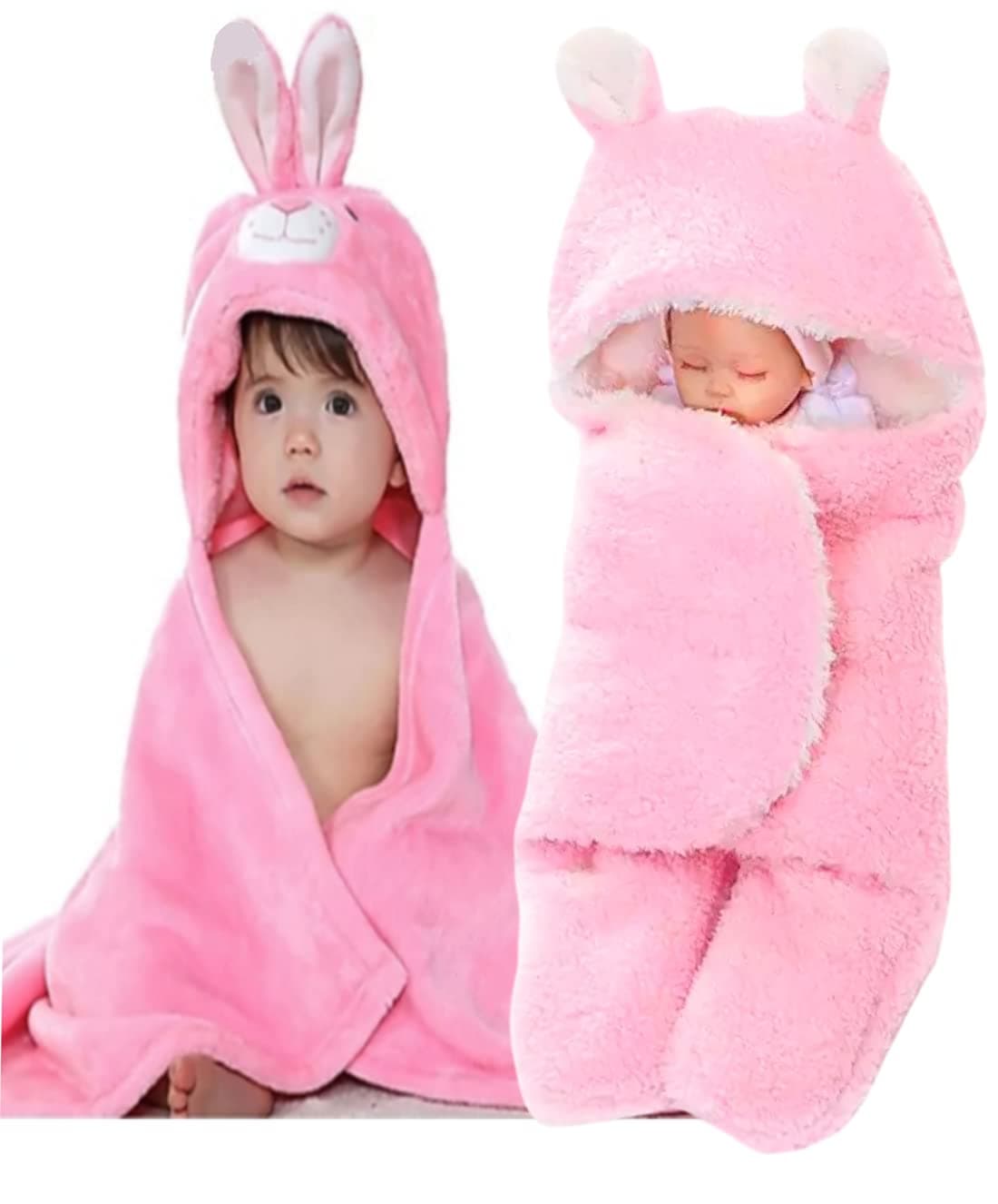 First Kick Baby Blankets New Born Combo Pack of Hooded Wrapper Durable Fleece Polyester Sleeping Bag and Baby Bath Towel for 06 Months Baby Boys and Baby Girls Pack of 2 Pink Rabbit Unicorn Pink