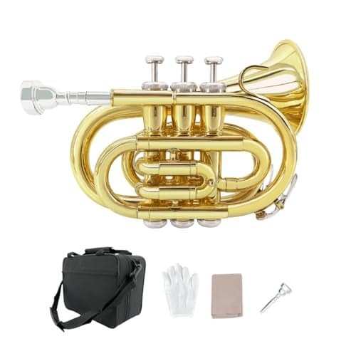 WUQIMUSC Bb Pocket Trumpet – Mini Brass Instrument for Beginners, Gold Lacquer Finish with 7C Mouthpiece & Case, Ideal for Travel Marching Band Practice (Golden)