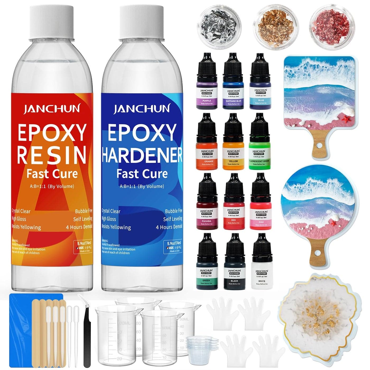 JANCHUN Gift Box Epoxy Resin Kit,Coating and Coaster Molds for Resin Casting with Gold Flakes Color Pigments,Art Epoxy Resin Crystal Clear for Art,Crafts,Jewelry,DIY,Tumbler,River Table