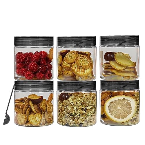 PEARLPET Tiffany Plastic Containers for Kitchen Storage | Plastic Container Set with Spoon | BPA-Free, Stackable Jars | Black,750 ML (Set of 6)