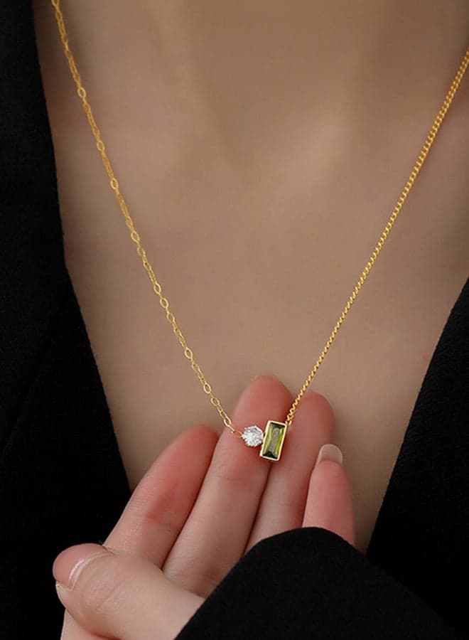 Elegant Gold Tone Mixed Chain Necklace with Square Green Gemstone and Pear-Cut Zircon Accent Minimalist Dainty Jewelry Gift for Women/Girls, Party, Wedding, Daily Wear, Valentine's Gift