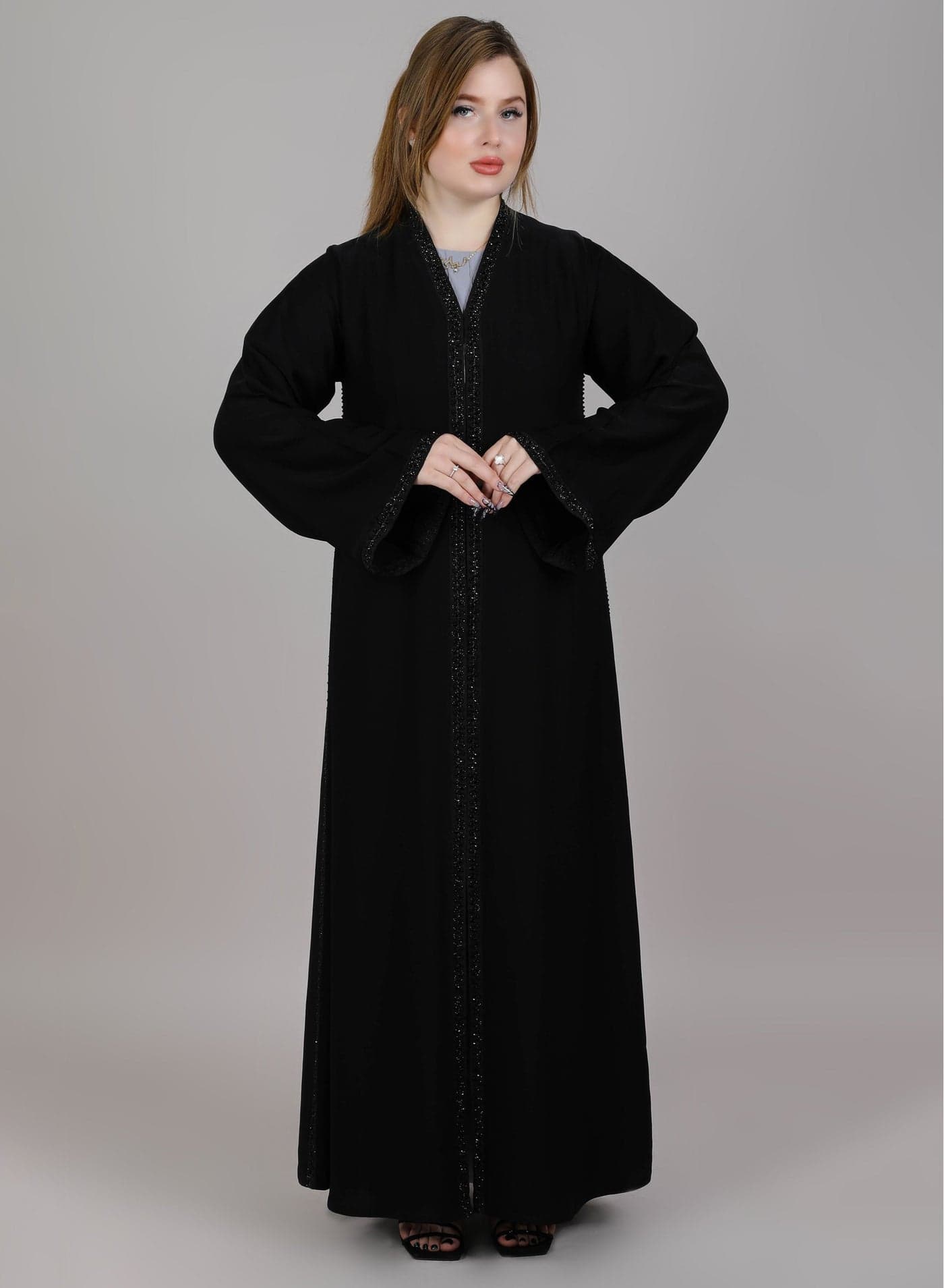 MSquare Fashion V Neck Black Korean Nida Embroidered Open Abaya