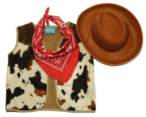 Kids Western Rodeo Cowboy or Cowgirl Basic Costume Set - Vest, Brown Hat, Bandanna, Size 2-4