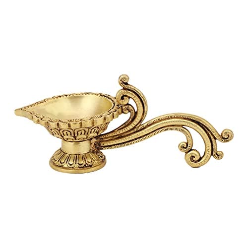 Jaszz Art Brass Diya (25 * 10 * 10 & 1000 gm) with Handle Ethnic Design Handmade Curved Oil Wick Antique Deepak Lamp for Home Decor Temple Puja Office Counter Diwali Decoration Festival Gift