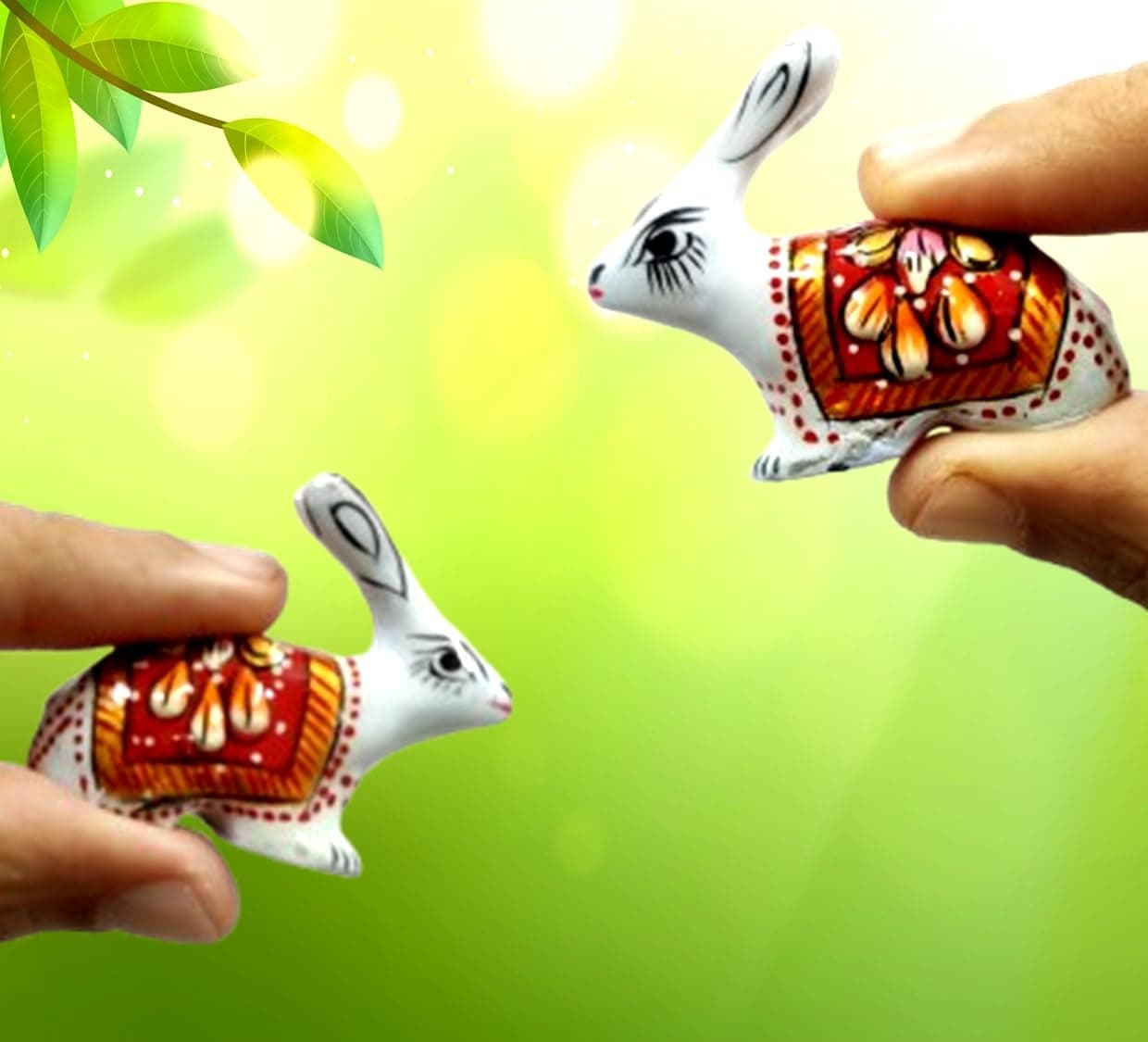 Purpledip Enamelled Metal Miniature Hare Rabbit Pair: Colorful Meenakari Art, Set of 2 Figurines (12296)