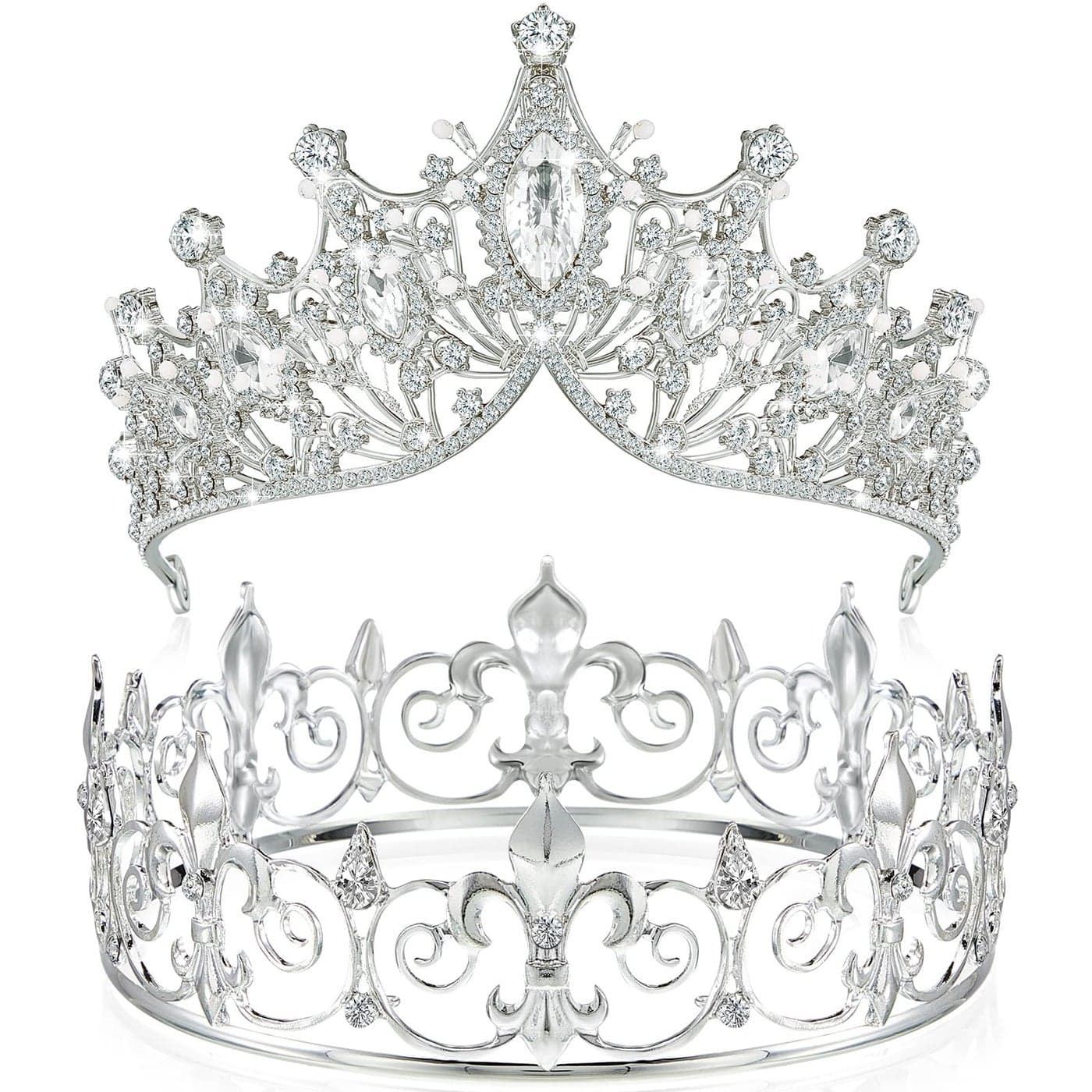 Junkin 2 Pcs Crowns for Men Women Baroque Queen Crown King Prince Tiara Princess Crystal Headband Rhinestone Prom Party Silver