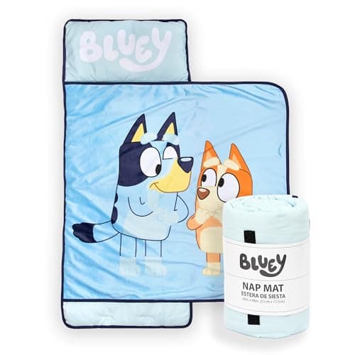 Jay Franco Kids Nap Mat with Embedded Pillow & Blanket – Soft 46"x20" Microfiber Sleeping Bag with Name Tag & Handle for School, Travel, Sleepover, Blue - Bluey