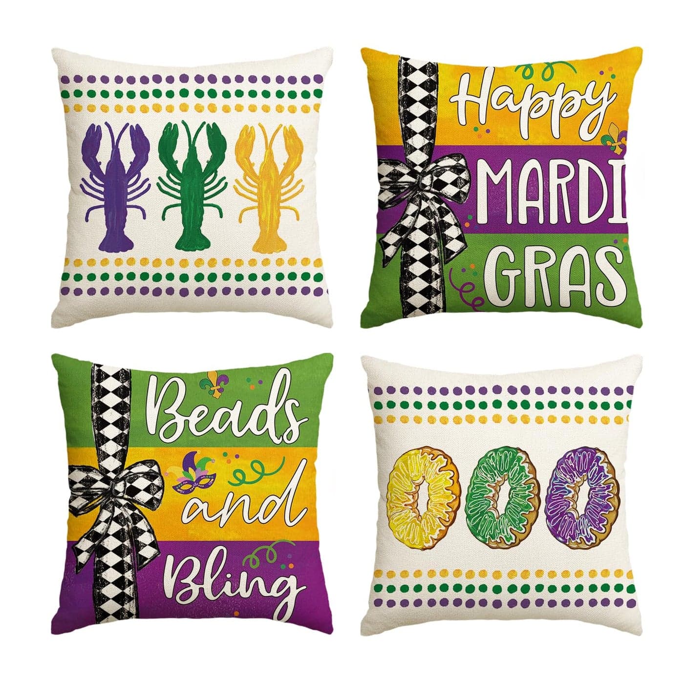 AVOIN colorlife Happy Mardi Gras Beads and Bling Crawfish Smoothie Throw Pillow Covers 18 x 18 Inch Checked Bow Stripes Holiday Cushion Case Decoration for Sofa Couch Set of 4