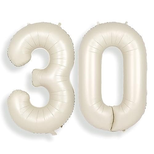SUWEN 40 Inch Large Cream White 30 Balloon Numbers Big Foil Helium Number Balloons 09 Jumbo Happy 30th Mylar Birthday Party Decorations for Women or Men Anniversary Party Supplies