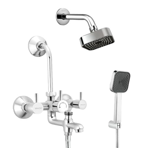 ENICET Brass 3 in 1 Wall Mixer with Overhead Shower and HandShower, Chrome Finish, 5 Function Hand Shower, Wall Mixer For Bathroom 3 in 1, Bathroom Shower Set, Mixer Tap (FE122OSHSSAFARI)