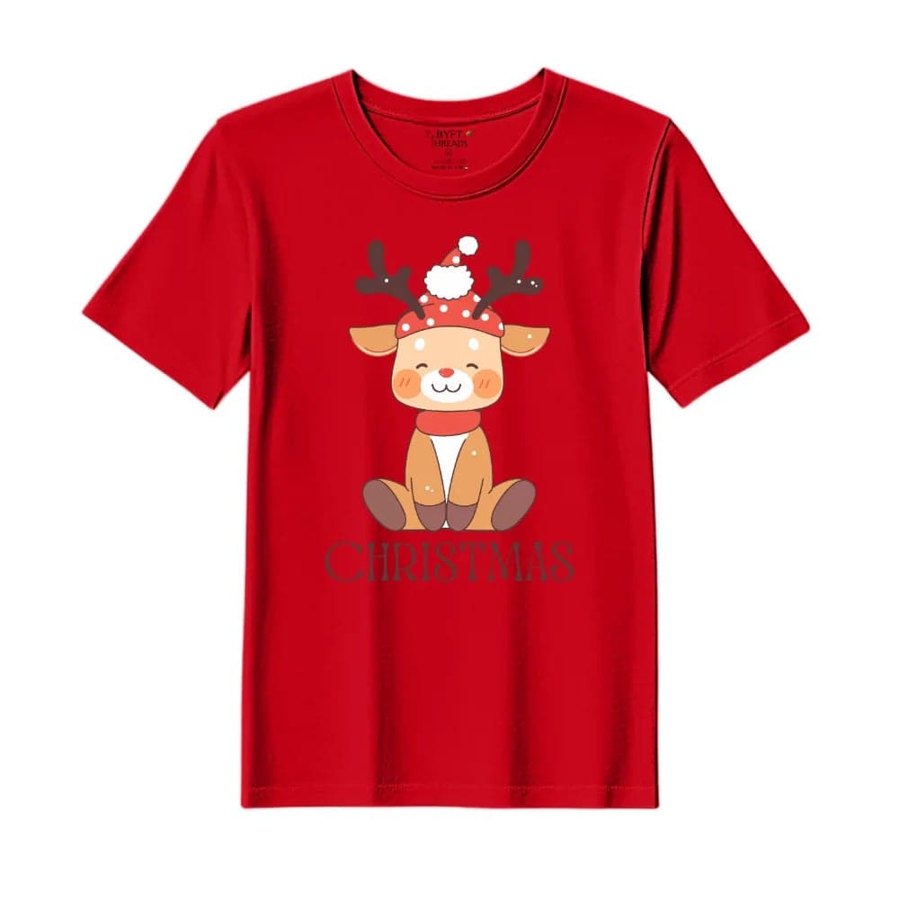 BYFT Threads Large Red Polycotton T-Shirt - Christmas "Christmas Deer" Printed Design, Premium Holiday Collection