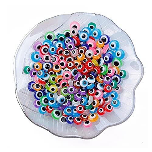 200 Pieces Flat Round Evil Eye Beads Handmade Resin Lampwork 8mm Charms Spacer Beads for Bracelets Necklace Jewelry Craft Making(Mix Colors)