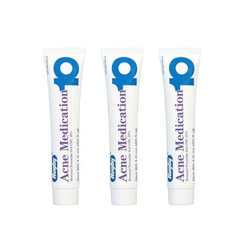 Rugby Acne Medication Benzoyl Peroxide Gel USP, 10% - Clear Up Acne Pimples - Greaseless, Vanishing Formula - 1.5 Oz (42.5g) - 3 Pack