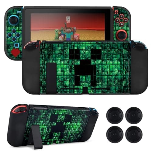 DLseego My World MC Protective Case for Switch New Model, Dockable Soft Shell Cute Cover Case for Joycon Controller with 4PCS Thumb Grips Caps - Green Switch