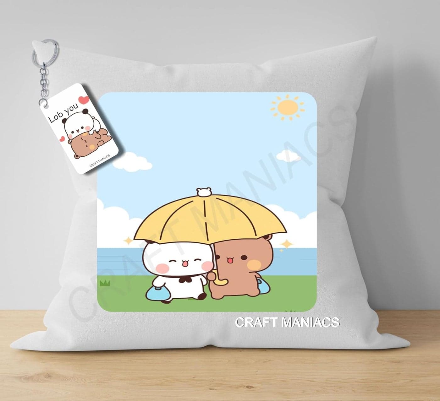 CRAFT MANIACS Bubu Dudu Under The Umbrella Pillow Keychain Combo A 16 16 Pillow with Filler Inside Free Wooden MDF Keychain
