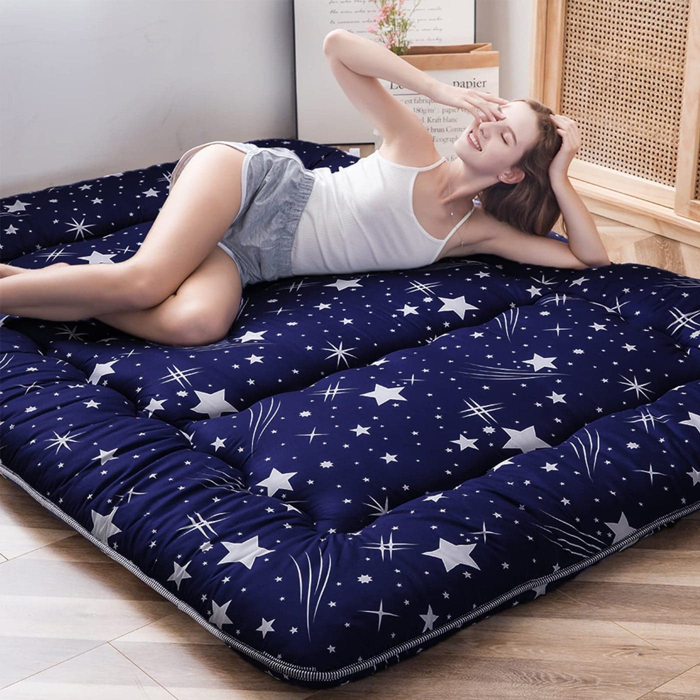 Navy Starry Sky Japanese Floor Futon Mattress Tatami Mat Portable Camping Mattress Kids Sleeping Pad Foldable Roll Up Floor Lounger Couch Bed King Size