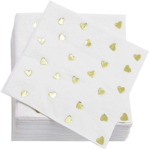 Juvale Engagement Napkins - 5 x 5 In Folded, 3-Ply, 50-Pack, Gold Foil Heart - Cocktail & Heart Engagement Party Napkins