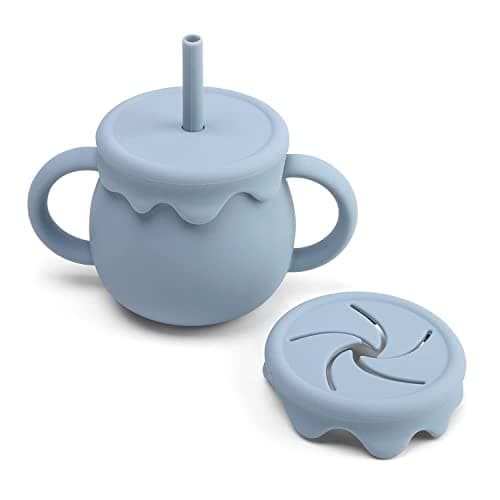 Ginbear Silicone Baby Cups with Straw and Lid for Snacks, 8.5 oz Spill-Proof Sippy Cups, Training Cup for Toddlers Ages (Green 2 in 1)