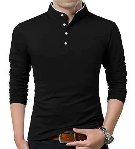 KUYIGO Men's Casual Slim Fit Shirts Long Sleeve Polo Shirt Mandarin Collared T-Shirts Black Small