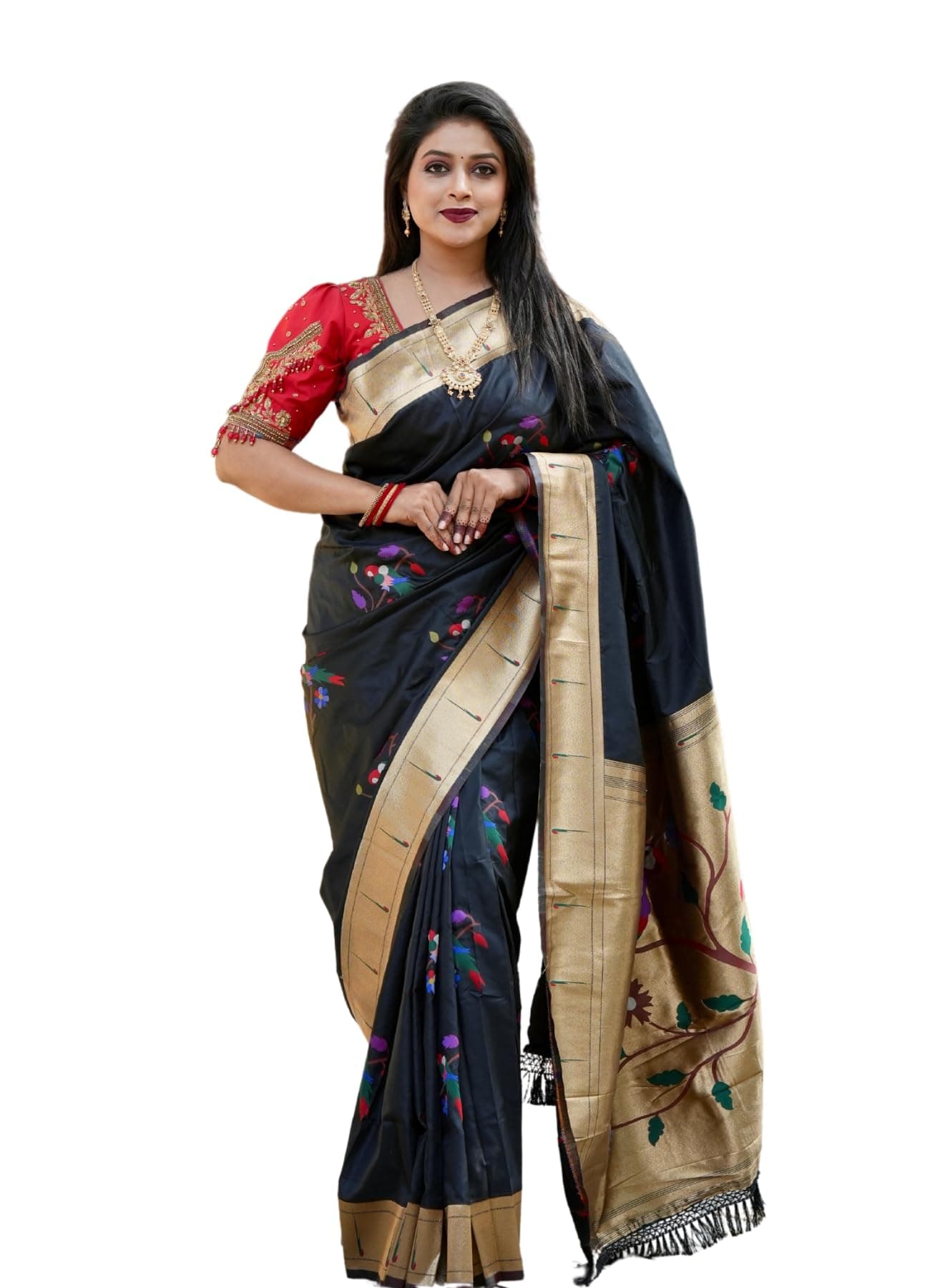 AMIRAT Women's Paithani Soft Silk Saree Pure Banarasi Silk Saree with Unstitched Blouse Piece (Black)