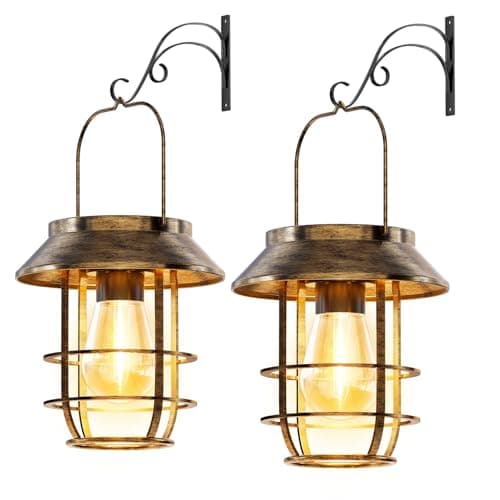 Ahaorigin 2 Pack Solar Lanterns Outdoor Waterproof High Brightness Hanging Solar Lights for Outside with Wall Hooks Retro Metal Outdoor Lanterns Auto OnOff for Garden Porch Patio Yard Decor