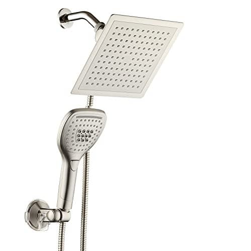 DreamSpa UltraLuxury 9 Rainfall Shower HeadHandheld Combo Convenient PushButton Flow Control Button for easy onehanded operation Switch flow settings with the same hand Satin Nickel