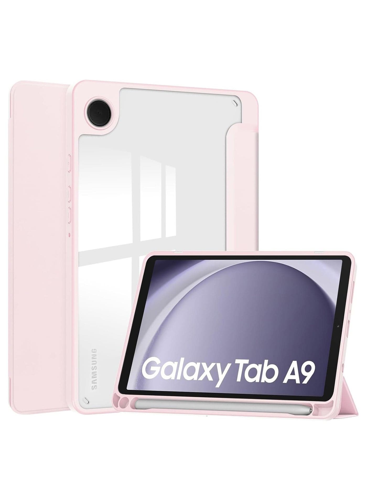 Hybrid Slim Tablet Case with Pen Holder Accessories for Samsung Galaxy Tab A9 8.7 Inch 2023 Model (SM-X110/X115/X117), A11 / A9 8.7 Inch 2025/2023,Clear Transparent Back Shell, Pink