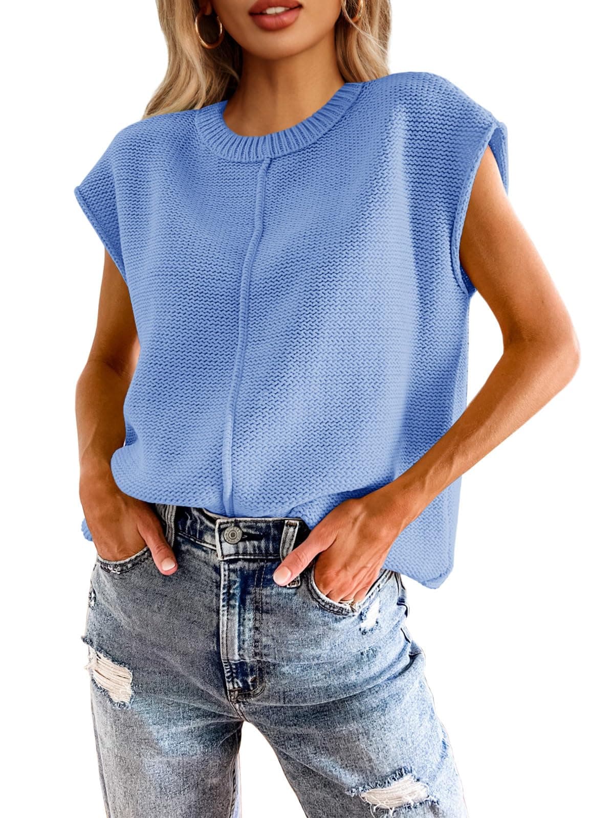 Saodimallsu Womens Summer Tops Casual Crew Neck Cap Sleeve Loose Fit Knit Lightweight Sweater Pullover Top Blue