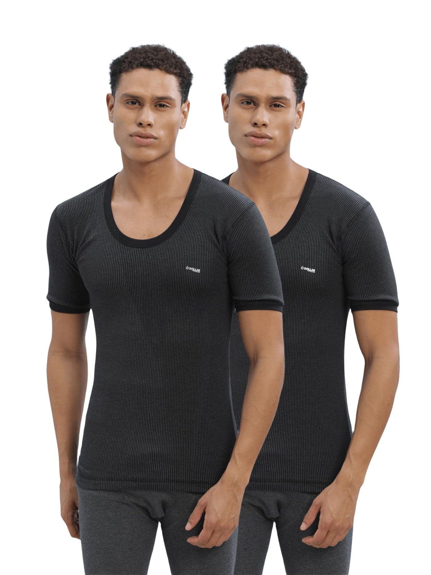 Dollar Ultra Pack of 2 Combed Cotton Mens Thermal Half Sleeve Round Neck Thermal Top Black