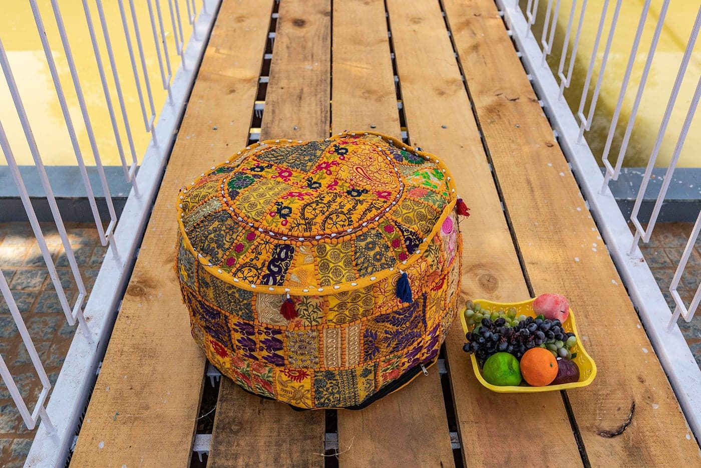 THE ART BOX Cotton Patchwork Vintage Pouf Covers (14x22 Inches, Cover Only) Boho Embroidered Bean Bag Seating Ottoman Kids Stool Decorative Chair Bohomian Home Décor