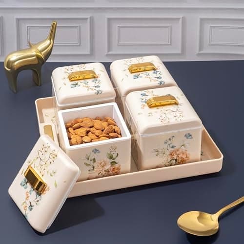 Nayasa Miracle Dry Fruit,4 Pcs Container Serving Tray Set,600 ML Each,Multipurpose Plastic Serving Set,Premium Design,BPA Free,Food Grade,Air-Tight Lid,Snack Organizer Tray,Ivory,Multicolor