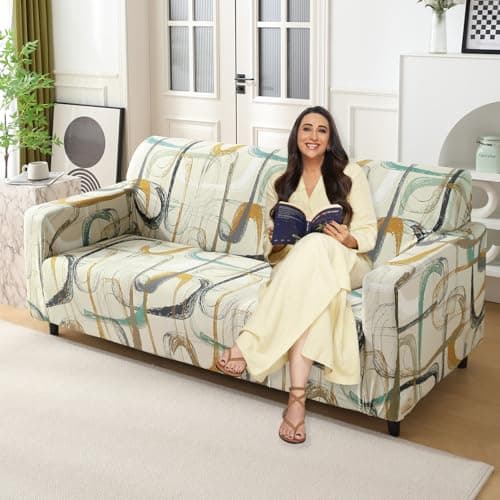 HOKIPO 'Elira Series' Polyester Blend 140Gsm Fully Covered Sofa Cover 3 Seater, Parchement Beige Abstract Art (Ar-4947-C6)