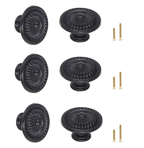 binifiMux 6-Pack 1.4 Inches Black Vintage Flower Cabinet Drawer Pulls Knobs Flower Embossing for Dresser Cupboard Wardrobe Furniture
