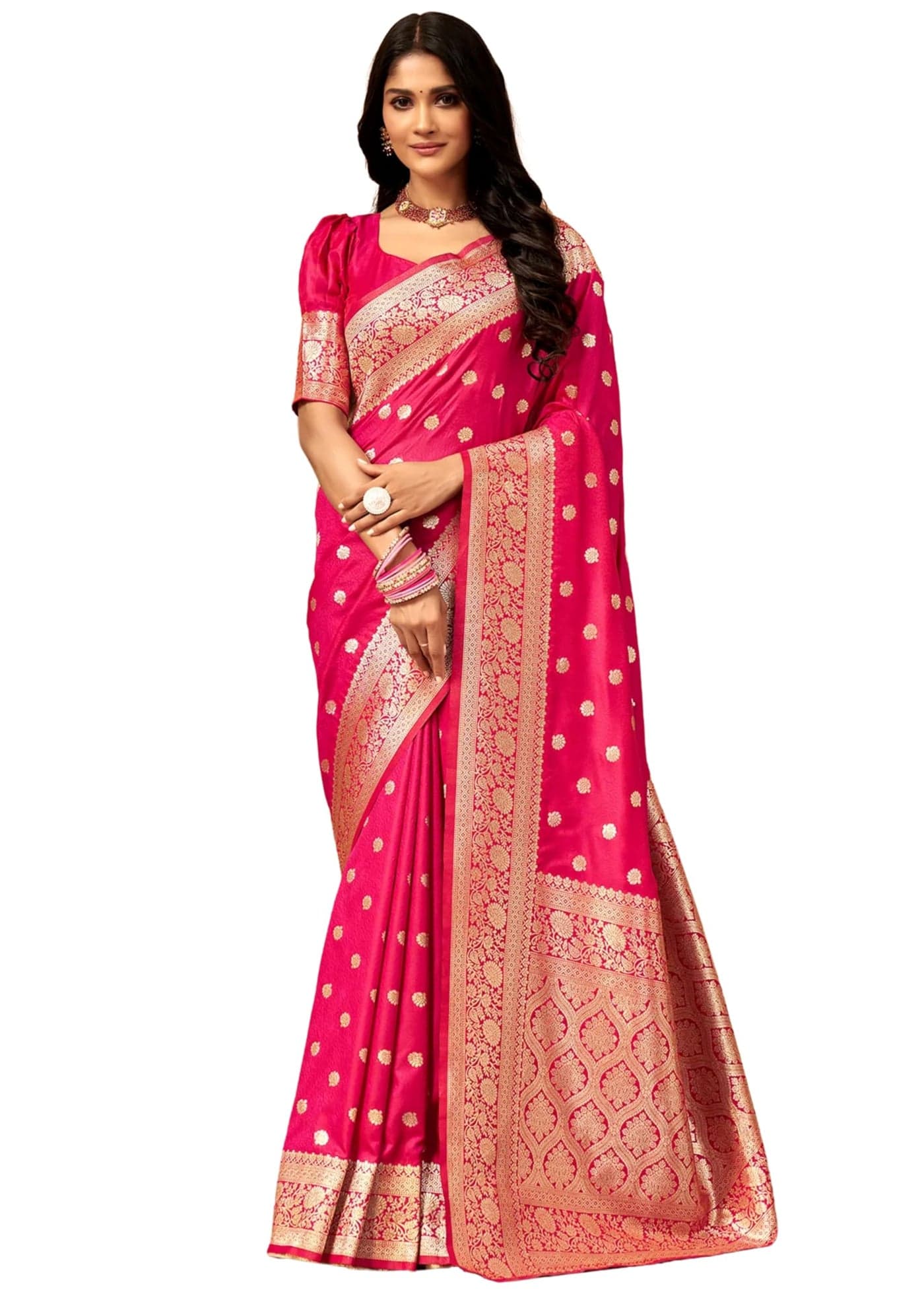 C J Enterprise Women's Banarasi Saree Pure Kanjivaram Silk Saree Soft Design Wear Pattu Sarees Latest Cotton With Blouse Piece Kanchipuram for Wedding sadi new ladies 2025 (Pari 121) (Rani Pink)
