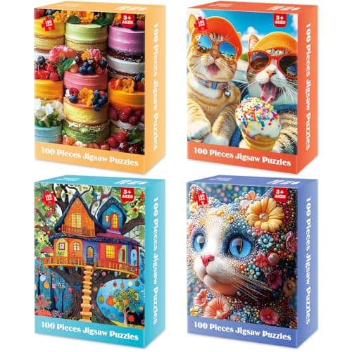 4Pack 100 Piece Puzzles Cakes Tree House Cats Puzzle for Kids Ages 48 810 100 Piece Jigsaw Puzzle for Adults Seniors Children Learning Educational Puzzles Toys Birthday Xmas Gifts for Girls Boys