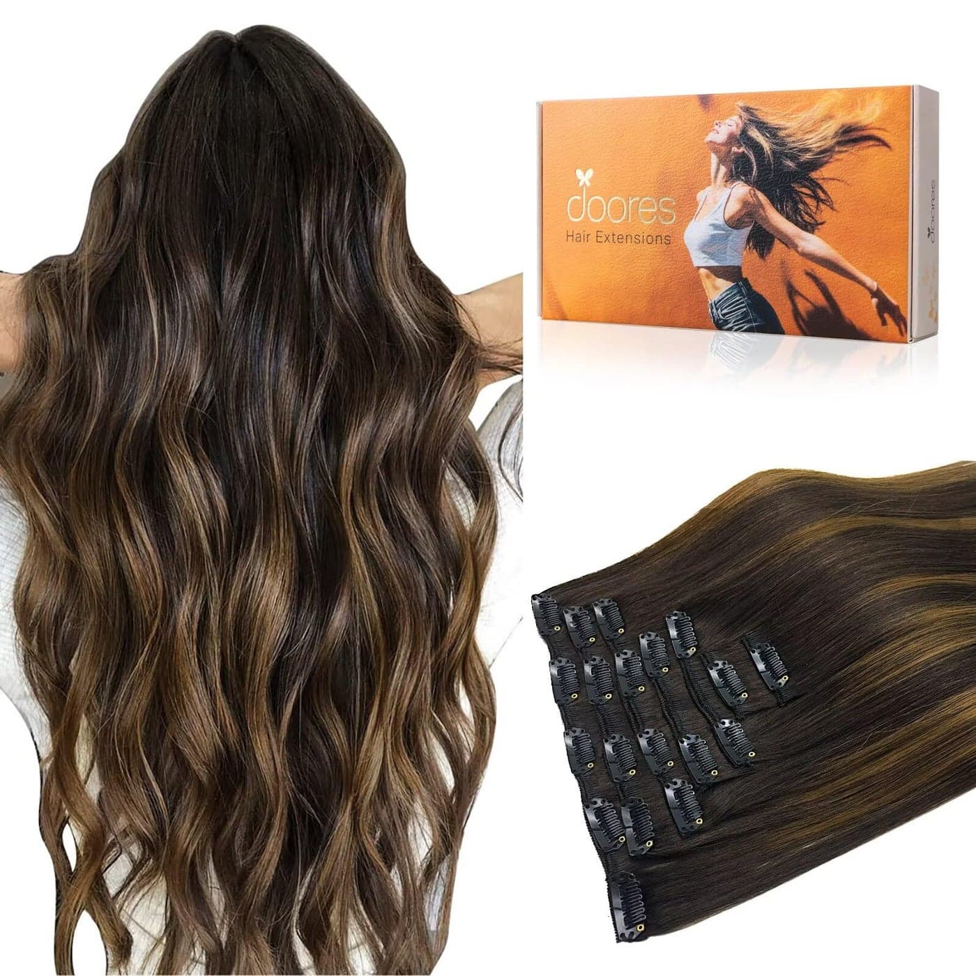 DOORES Clip in Hair Extensions Balayage Dark Brown to Chestnut Brown 120g 7pcs 16 Inch Remy Human Hair Extensions Clip in Real Hair Extensions Straight