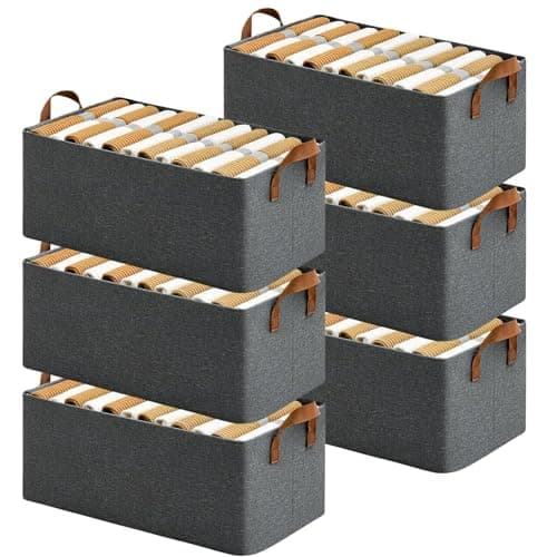Jig-Tik Wardrobe Organizer for Clothes with Metal Frame Rectangle Storage Baskets for Clothing Fabric Storage Box with Handles Shelf Basket for Storage Clothes Pants Jeans Sweater (Grey) (Pack of 06)